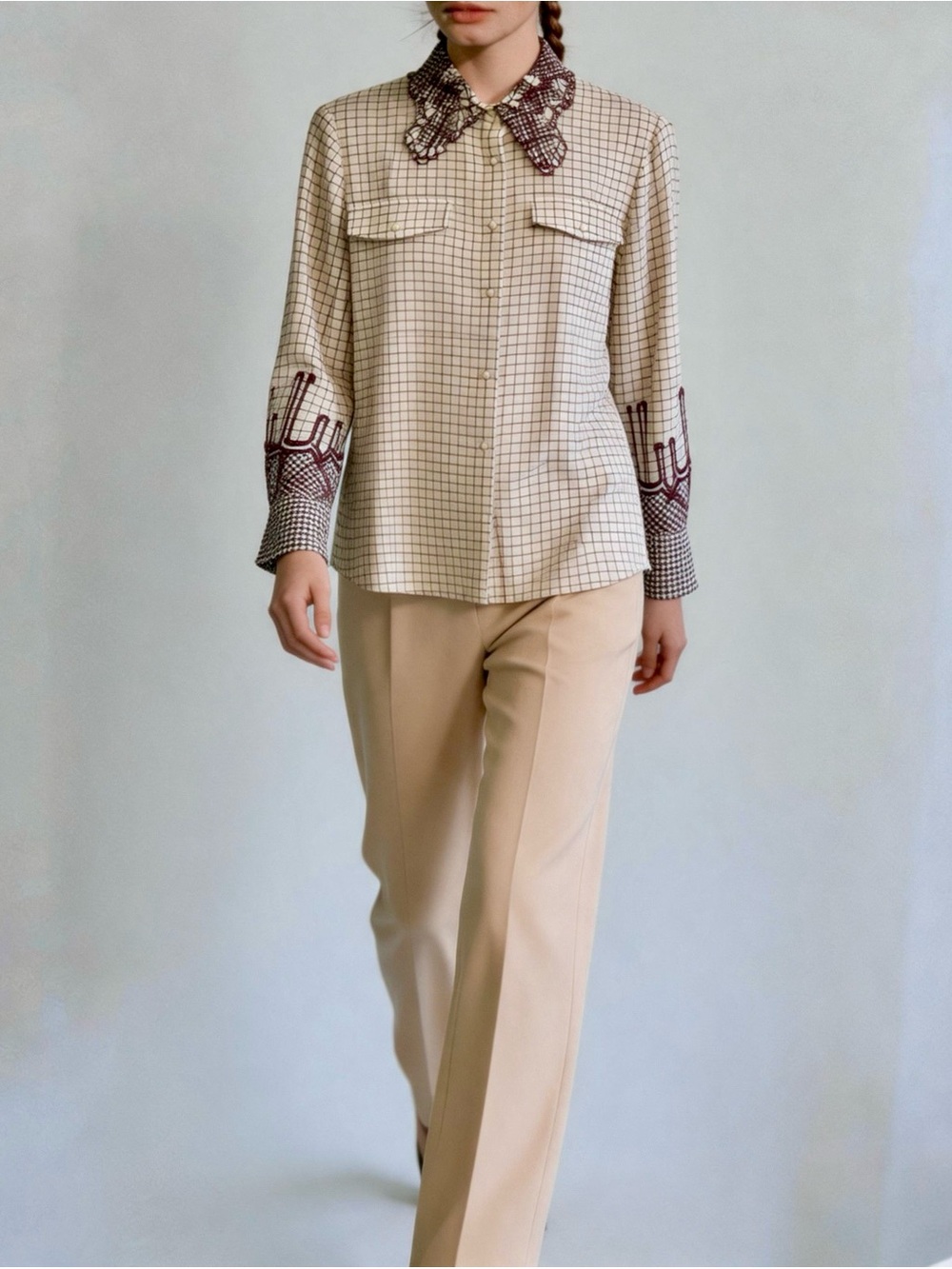 Luxury 100% Mulberry Silk Plaid Blouse with Embroidered Lace Details Size US S